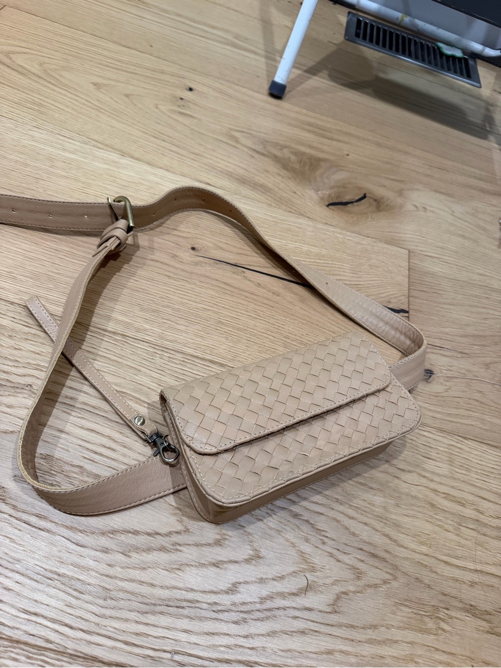 Woven Leather Crossbody Belt Bag in Beige
